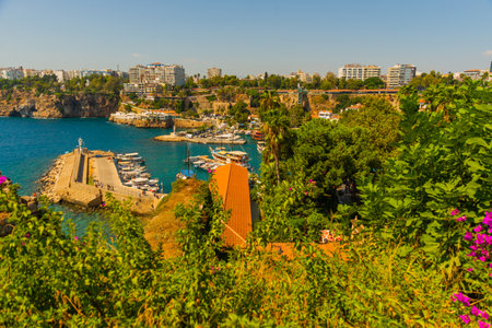 ANTALYA, TURKEY: Lighthouse in the old harbor in Antalya on a sunny summer day, Turkey.のeditorial素材