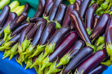 ANTALYA, TURKEY: Sale of eggplant in a street market. Grocery traditional Turkish bazaar in Antalya, Turkey.の写真素材
