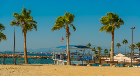 SIDE, TURKEY: Boats are moored at the pier in the ancient city of Side on a sunny summer day, Turkey.のeditorial素材