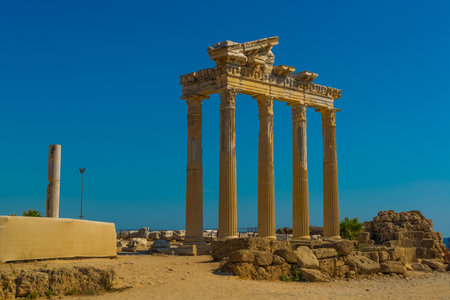 SIDE, TURKEY: Ruins of the Temple of Apollo in Side in a beautiful summer day, Antalya, Turkeyのeditorial素材