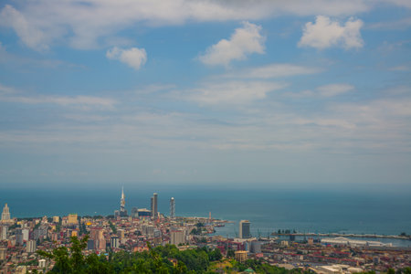 BATUMI, GEORGIA: Beautiful top view of the city of Batumi on a sunny summer day in the background of...