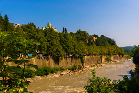 KUTAISI, GEORGIA: View of Bagrati Cathedral on the bank of Rioni river in Kutaisi, Georgia,Caucasus