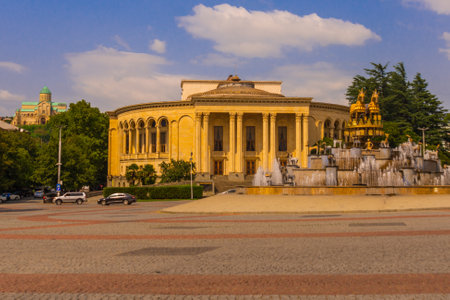 KUTAISI, IMERETI, GEORGIA: The Georgian Drama Theater Lado Meskhishvili and Fountain on the central...