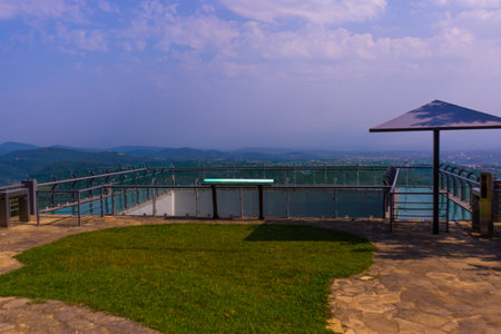 SATAPLIA, KUTAISI, IMERETI, GEORGIA: View to glass bottomed observation platform with clear floor at highest point of state Sataplia reserve with wonderful view of Kutaisi and Its surroundings.のeditorial素材