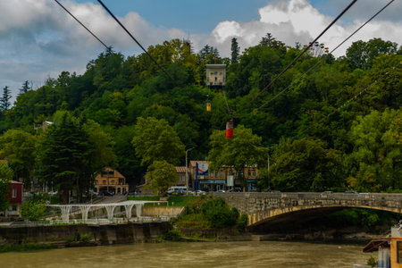 KUTAISI, GEORGIA: Beautiful landscape with a view of the Cable car across the Rioni River in Kutaisi on a sunny summer day.のeditorial素材