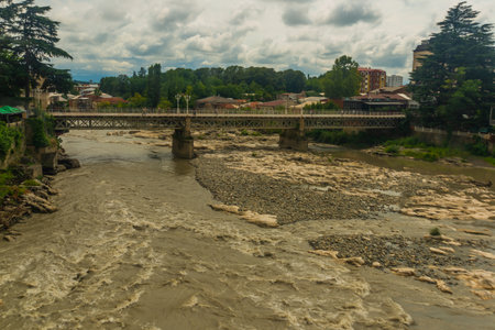 KUTAISI, GEORGIA: Beautiful landscape with a view of the White Bridge near the Rioni River in the center of Kutaisi in summer.のeditorial素材