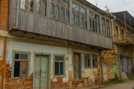 KUTAISI, GEORGIA: Traditional Georgian houses on the street in the old district of Kutaisi.のeditorial素材
