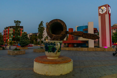 ANTALYA, TURKEY: Monument to the Turk coffee pours into a cup on the square in Antalya in the evening.のeditorial素材