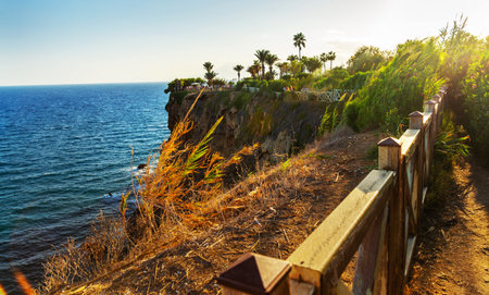 ANTALYA, TURKEY: Beautiful park and cliff slope at Waterfall Duden on a summer evening day in Antalya.の写真素材