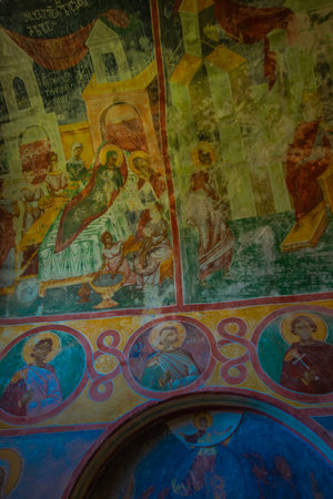 KUTAISI, GEORGIA, IMERETI: Interior with frescoes in the Church of the Nativity of the Most Holy Theotokos in the Gelati Monastery. UNESCO World Heritage Site.のeditorial素材