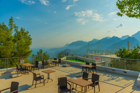 ANTALYA, TURKEY: Cafe at the top of the Cable car on Mount Tyunektepe on a sunny summer day. There are observation decks at the top. The upper station is built at an altitude of 605 m.のeditorial素材