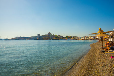 BODRUM, TURKEY: Beautiful view of the coast of Bodrum with a harbor and an ancient fortress - Castle of St. Petra.のeditorial素材