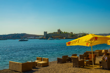 BODRUM, TURKEY: Beautiful view of the coast of Bodrum with a harbor and an ancient fortress - Castle of St. Petra.のeditorial素材