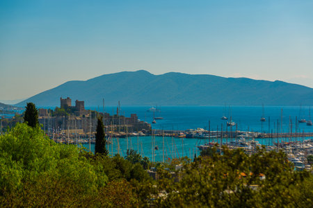 BODRUM, MUGLA, TURKEY: Top view from the amphitheater of the city, the sea, boats, ships and St. Peter's castleのeditorial素材