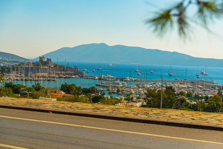 BODRUM, TURKEY: Panoramic view of Bodrum coastline with harbor and ancient fortress. Seascape with sailboats and luxury yachts in harbor on the Aegean sea in Bodrum, Turkey.のeditorial素材