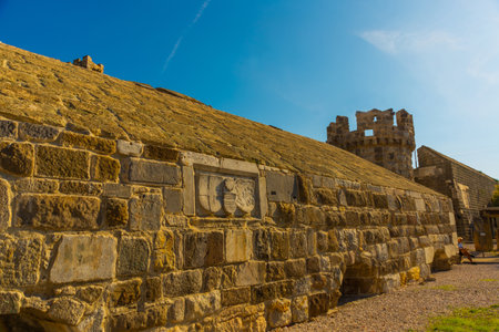BODRUM, TURKEY: Landscape with a view of the ancient Fortress - Castle of St. Petra in Bodrum on a sunny day. Bodrum, Turkey.のeditorial素材