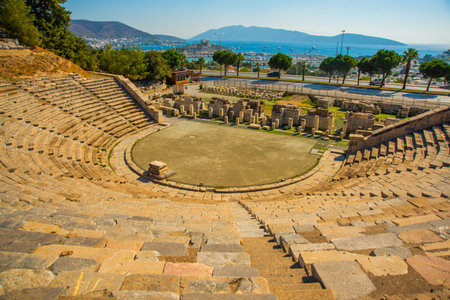 BODRUM, TURKEY: Panoramic view of the city from the amphitheater on a sunny day. Built in II century, it is a good example of a classical Greek theater, with an estimated seating capacity of 13.000のeditorial素材