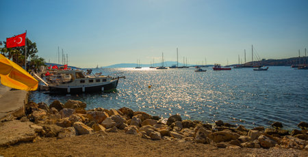 BODRUM, MUGLA, TURKEY: Panoramic View of Bodrum Beach, Aegean sea, traditional white houses, marina, sailing boats, yachts in Bodrum town Turkey.のeditorial素材