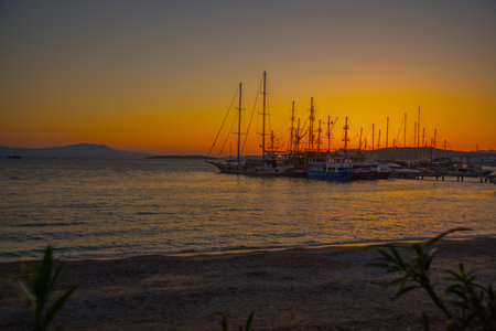 BODRUM, MUGLA, TURKEY: Landscape with sea view and ships and boats at sunset in Bodrum.のeditorial素材