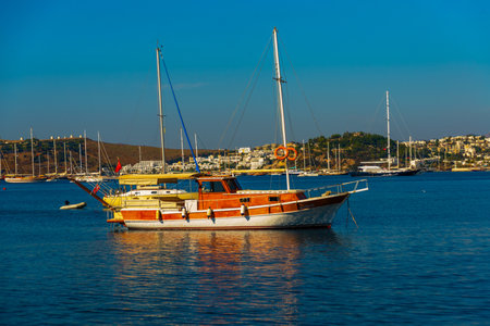 BODRUM, MUGLA, TURKEY: Panoramic View of Bodrum Beach, Aegean sea, traditional white houses, marina, sailing boats, yachts in Bodrum town Turkey.のeditorial素材