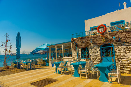 BODRUM, MUGLA, TURKEY: Beautiful seafood restaurant on the beach in Bodrum on a sunny day.のeditorial素材