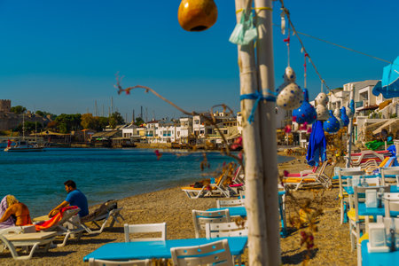 BODRUM, MUGLA, TURKEY: Beautiful seafood restaurant on the beach in Bodrum on a sunny day.のeditorial素材