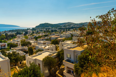 BODRUM, MUGLA, TURKEY: Top view of the white houses, the sea and the mountains in the city of Bodrum on a sunny day.のeditorial素材