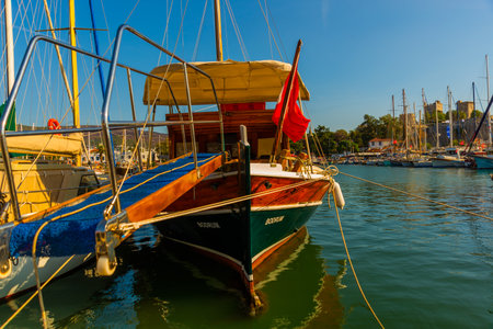 BODRUM, MUGLA, TURKEY: St. Peter's Castle and luxury yachts in the Marina in Bodrum on a sunny day.のeditorial素材