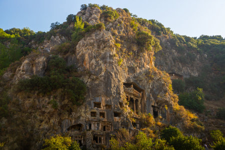 FETHIYE, TURKEY: View of the tombs carved into the rock from the time of the ancient state of Lycia. Amyntas ancient Lycian rock tombs in Pinara, Fethiye - Turkeyのeditorial素材