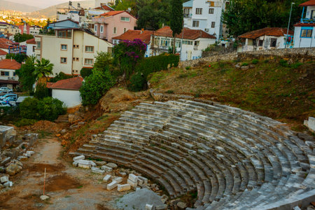 FETHIYE, TURKEY: Top view of the Amphitheater in Fethiye city center in the evening.の写真素材