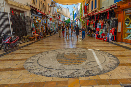 BODRUM, MUGLA, TURKEY: A traditional tourist street with shopping malls and sales in Bodrum.のeditorial素材
