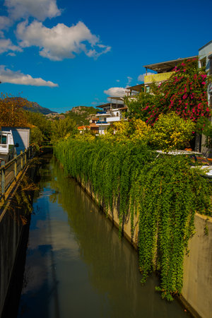 MARMARIS, MUGLA, TURKEY: A small bridge by the canal in the center of Marmaris in sunny dayのeditorial素材