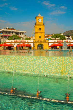 MARMARIS, MUGLA, TURKEY: Beautiful central fountain in Marmaris with turquoise water on a sunny day.のeditorial素材