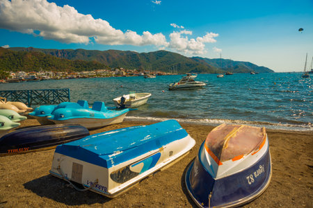 MARMARIS, MUGLA, TURKEY: Beautiful landscape with views of the beach, the Mediterranean sea and the mountains on a sunny day in the Turkish city of Marmaris.のeditorial素材