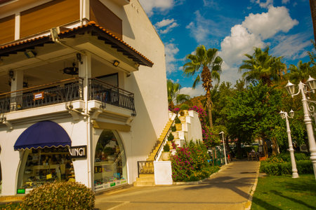 MARMARIS, MUGLA, TURKEY: A traditional tourist street with shopping malls and sales in Marmaris.のeditorial素材