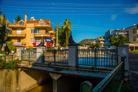 MARMARIS, MUGLA, TURKEY: Canal in the city center and a sculpture of a Seal in Marmaris in sunny day.のeditorial素材