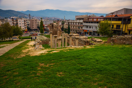 SELCUK, IZMIR, TURKEY: Top view of ancient ruins, aqueduct and Selcuk town in Izmir province.のeditorial素材