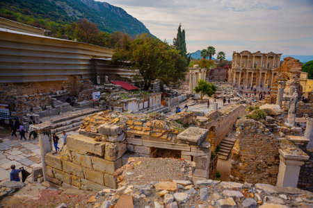 EPHESUS, SELCUK, IZMIR, TURKEY: Celsius Library and Ruins in the ancient city of Ephesus in the Turkish city of Selcuk, Izmir. Most visited ancient city in Turkey.のeditorial素材