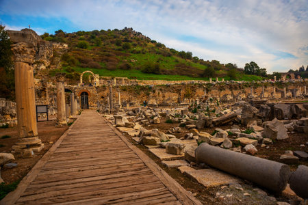 EPHESUS, SELCUK, IZMIR, TURKEY: The Commercial Agora is the main trading platform and ruins on the street of the ancient city of Ephesus in the Turkish city of Selcuk province.のeditorial素材