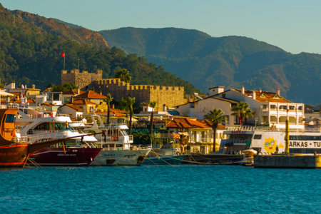 MARMARIS, MUGLA, TURKEY: Landscape with a view of the old town, Fortress and ships in Marmaris on a sunny day.のeditorial素材