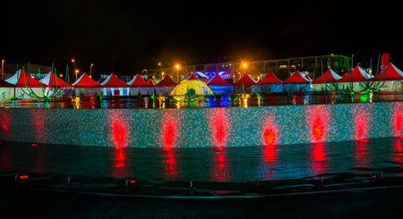 MARMARIS, MUGLA, TURKEY: Fountain and New Year's Fair on the Youth Square on May 19 at night in the center of Marmaris.のeditorial素材