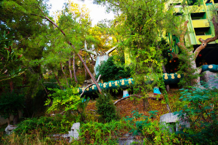 CAMYUVA, KEMER, TURKEY: Abandoned and destroyed old hotel Holiday Area Eco Dream Club Sea Resort in the village of Camyuva. The main building of a non-working hotel in the park.のeditorial素材