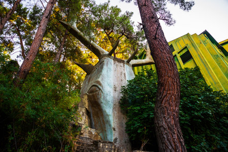 CAMYUVA, KEMER, TURKEY: Abandoned and destroyed old hotel Holiday Area Eco Dream Club Sea Resort in the village of Camyuva. The main building of a non-working hotel in the park.のeditorial素材