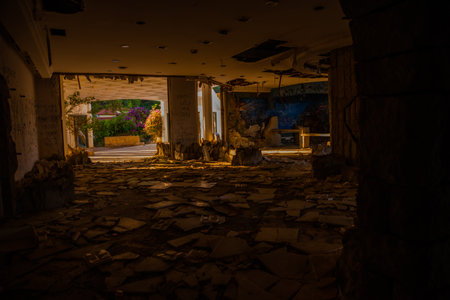 CAMYUVA, KEMER, TURKEY: Abandoned Sea Resort buildings of an old hotel Holiday Area Eco Dream Club Sea Resort near the beach in the village of Camyuva.のeditorial素材