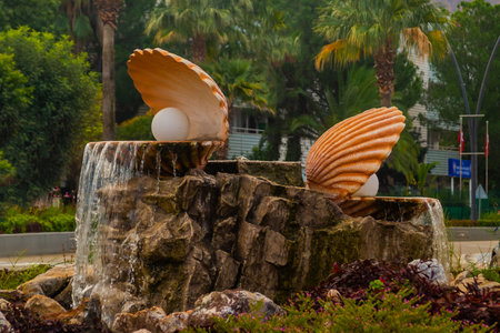 MARMARIS, MUGLA, TURKEY: The monument is a shell with a Pearl from which water pours on the stones on the street in Marmaris.のeditorial素材