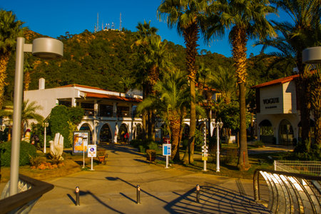 MARMARIS, MUGLA, TURKEY: A traditional tourist street with shopping malls and sales in Marmaris.のeditorial素材