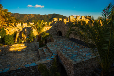 MARMARIS, MUGLA, TURKEY: The old stone Fortress of Marmaris on a blue sky background on a sunny day.のeditorial素材