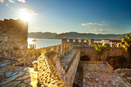 MARMARIS, MUGLA, TURKEY: The old stone walls of the Marmaris fortress on a sunny day. View from Marmaris Fortress.のeditorial素材