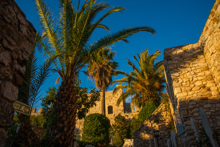MARMARIS, MUGLA, TURKEY: The old stone Fortress of Marmaris on a blue sky background on a sunny day.のeditorial素材