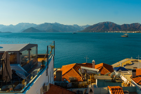 MARMARIS, MUGLA, TURKEY: Top view from the Marmaris Fortress on the landscape on the snow-capped...